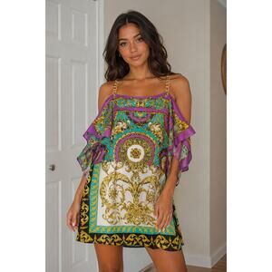 Rampage Scarf Print Mini Dress Size M Purple Turquoise Baroque Vintage Y2K Chic